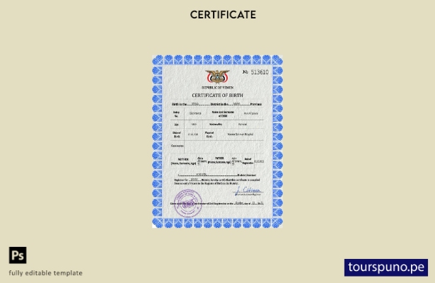 listo para imprimir plantilla de plantilla PSD de certificado de nacimiento de 7